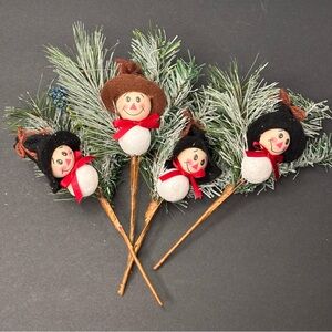 lot of 4 snowman Floral Picks decorations With Greenery